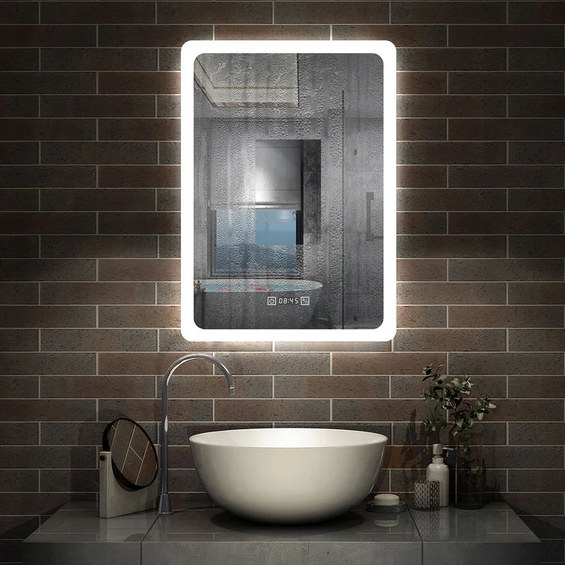 Miroir salle de bain vertical avec couleur LED blanche + antibuée + Horloge numérique + Fonction mémoire