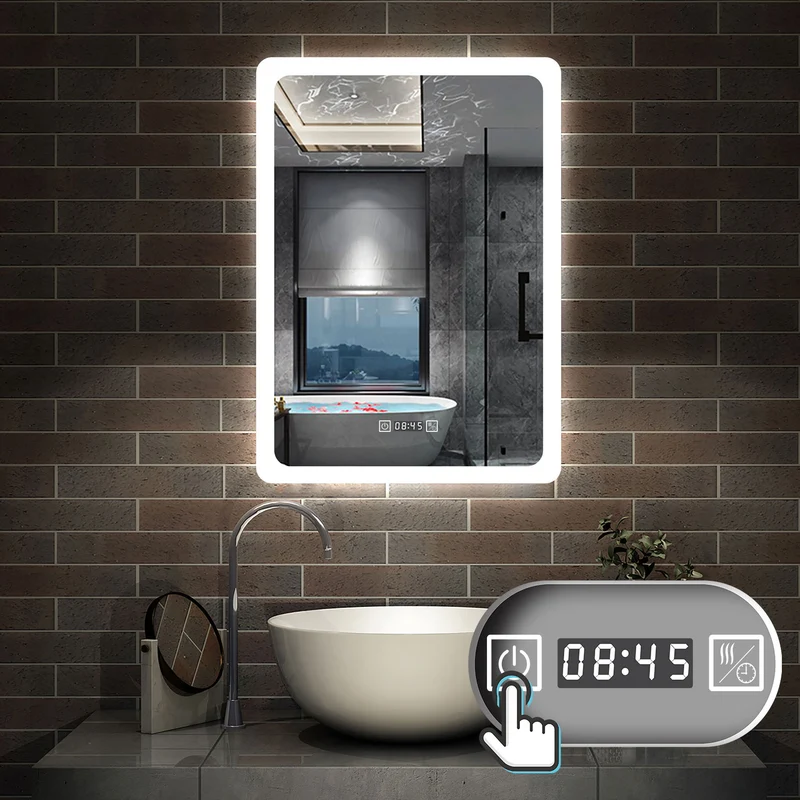 Miroir salle de bain vertical avec couleur LED blanche + antibuée + Horloge numérique + Fonction mémoire