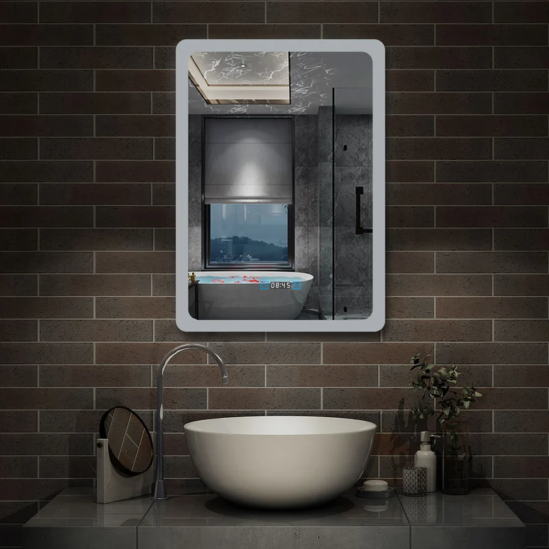 Miroir salle de bain vertical avec couleur LED blanche + antibuée + Horloge numérique + Fonction mémoire