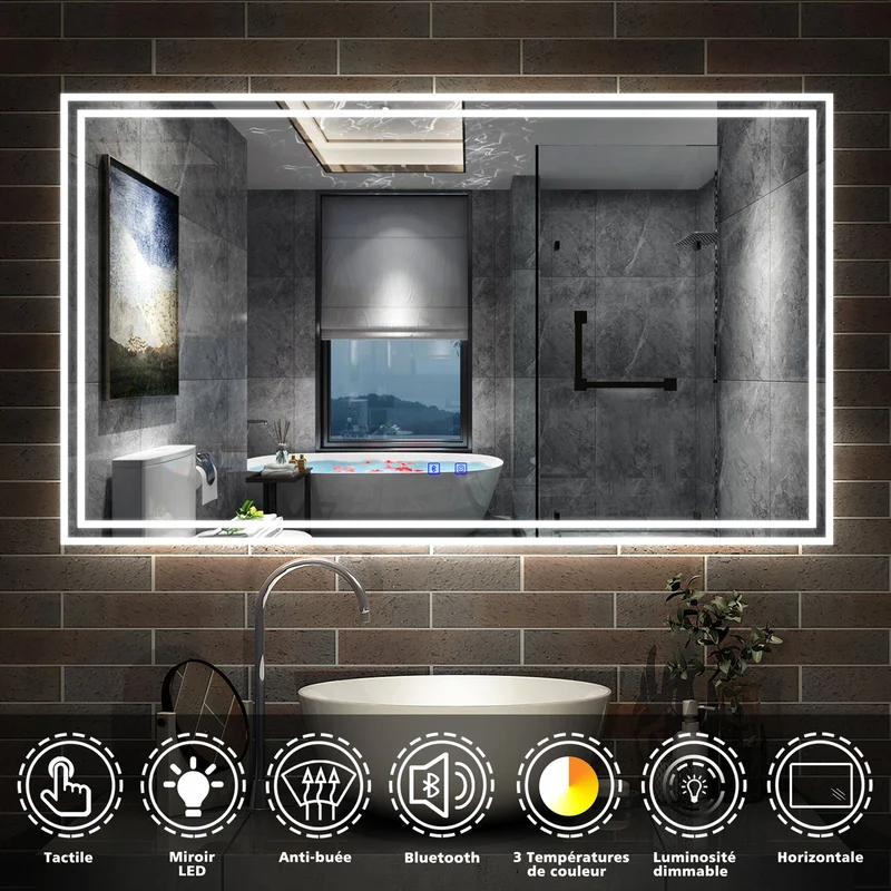 Miroir salle de bain LED antibuée Bluetooth avec 3 couleurs Miroir mural IP44 rectangulaire 50/60/70/80/100/120/140/160cm