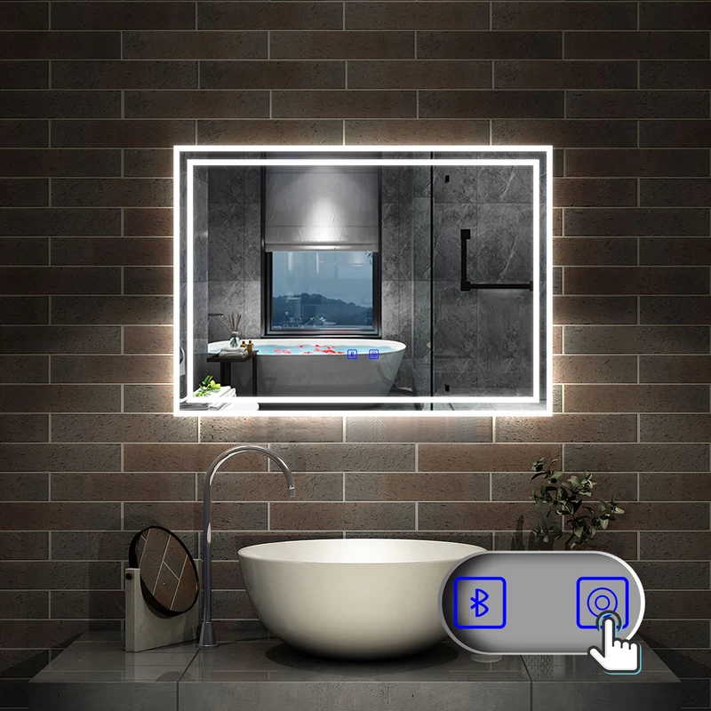 Miroir salle de bain LED antibuée Bluetooth avec 3 couleurs Miroir mural IP44 rectangulaire 50/60/70/80/100/120/140/160cm