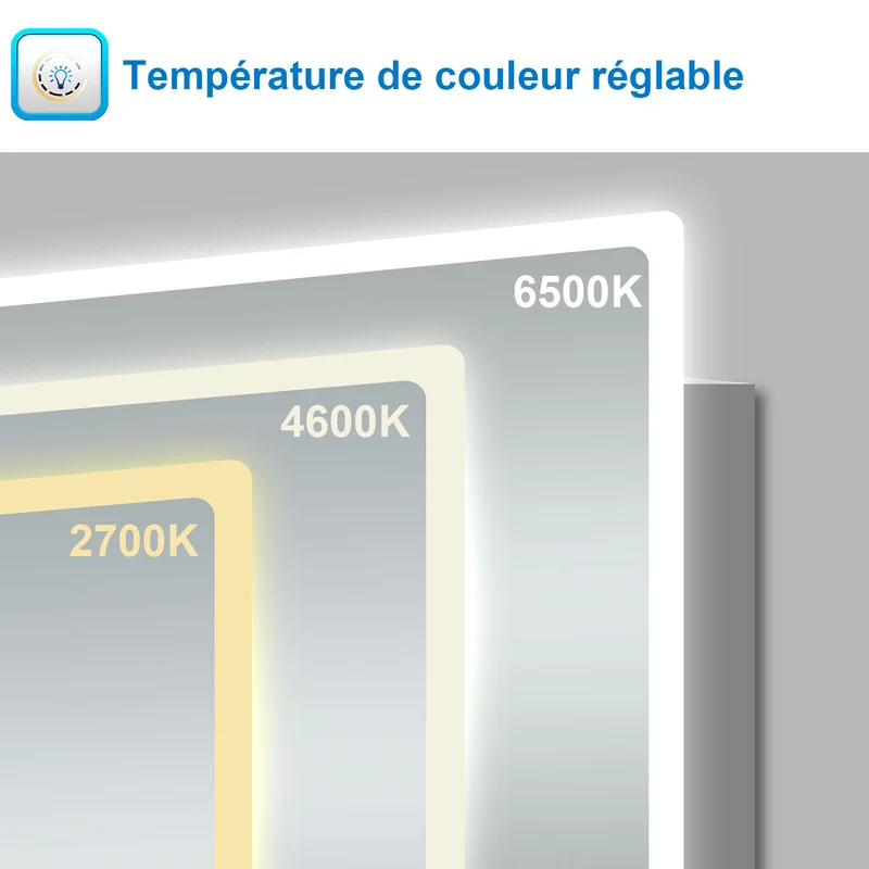 Miroir salle de bain LED antibuée Bluetooth avec 3 couleurs Miroir mural IP44 rectangulaire 50/60/70/80/100/120/140/160cm