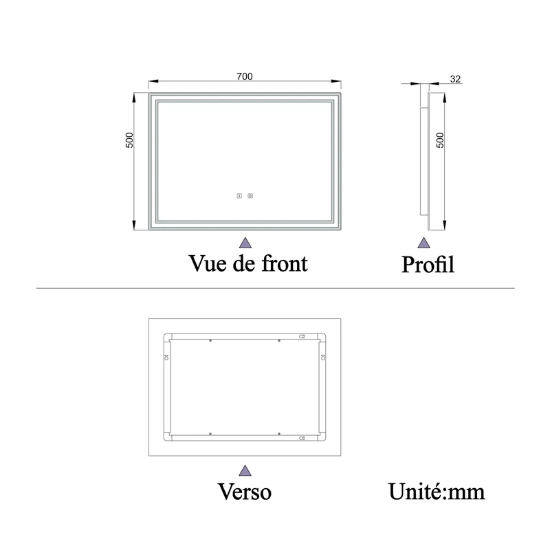 Miroir salle de bain LED antibuée Bluetooth avec 3 couleurs Miroir mural IP44 rectangulaire 50/60/70/80/100/120/140/160cm