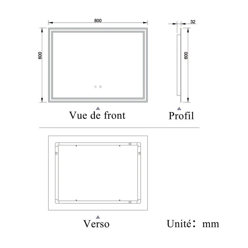 Miroir salle de bain LED antibuée Bluetooth avec 3 couleurs Miroir mural IP44 rectangulaire 50/60/70/80/100/120/140/160cm