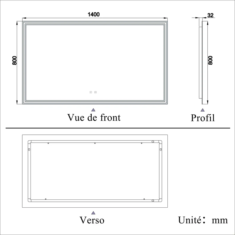 Miroir salle de bain LED antibuée Bluetooth avec 3 couleurs Miroir mural IP44 rectangulaire 50/60/70/80/100/120/140/160cm