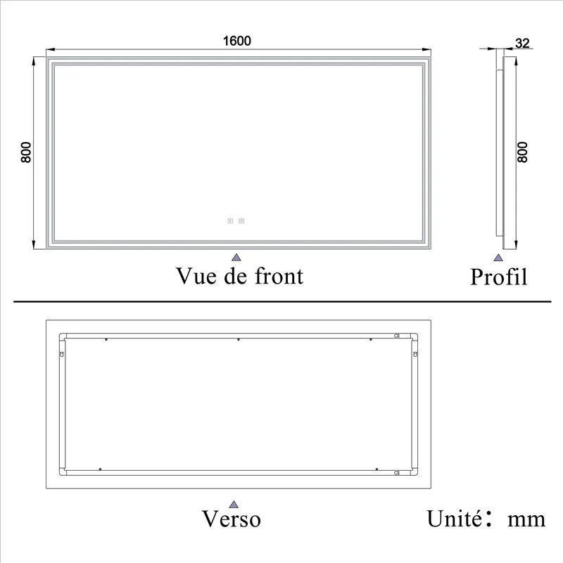 Miroir salle de bain LED antibuée Bluetooth avec 3 couleurs Miroir mural IP44 rectangulaire 50/60/70/80/100/120/140/160cm