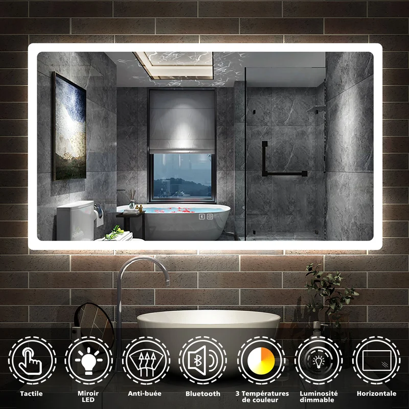 AICA Miroir Salle de Bain Bluetooth Antibuée avec 3 Couleurs Dimmable Mural Miroir avec Éclairage 50/60/70/80/100/120/140/160cm