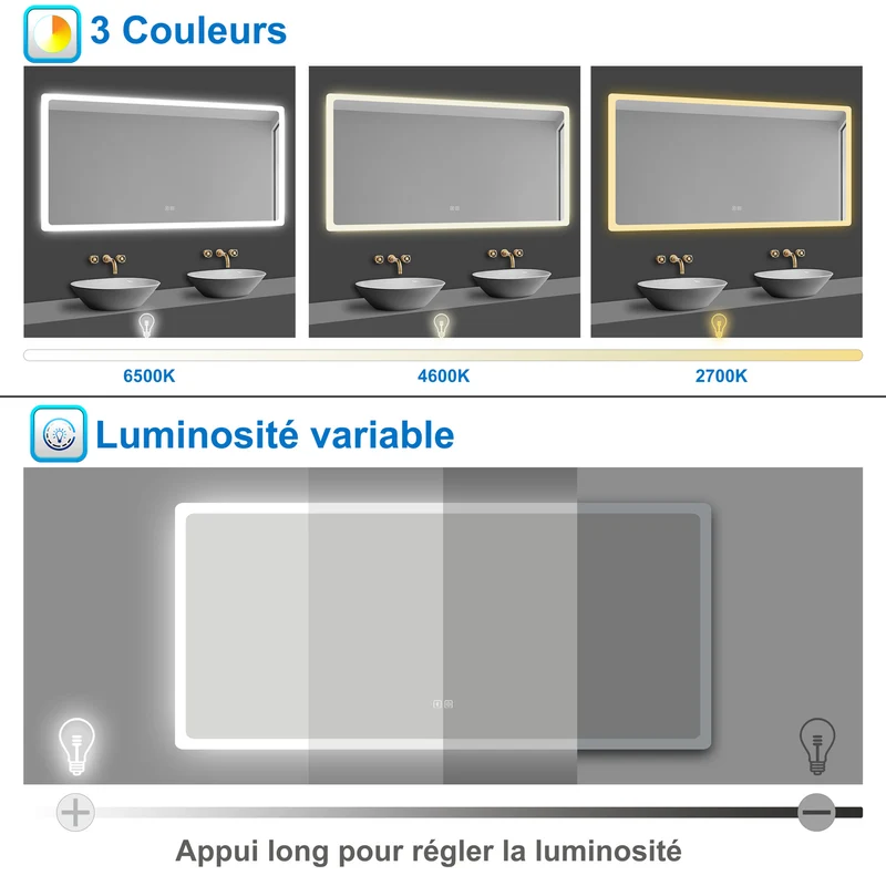 AICA Miroir Salle de Bain Bluetooth Antibuée avec 3 Couleurs Dimmable Mural Miroir avec Éclairage 50/60/70/80/100/120/140/160cm
