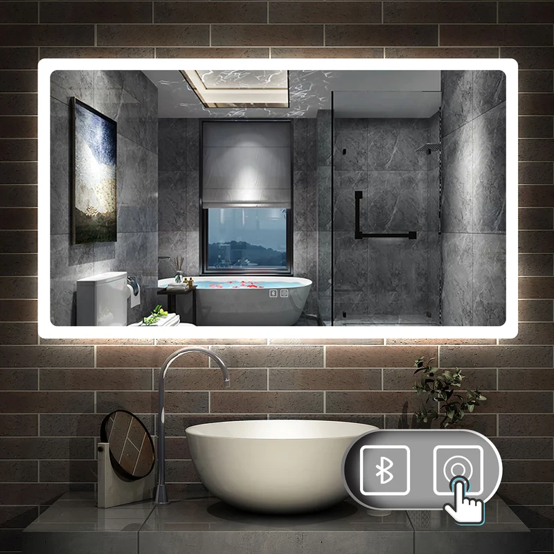 AICA Miroir Salle de Bain Bluetooth Antibuée avec 3 Couleurs Dimmable Mural Miroir avec Éclairage 50/60/70/80/100/120/140/160cm