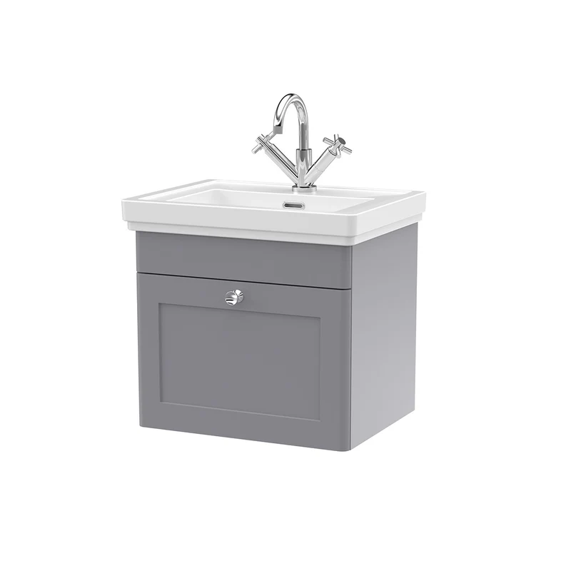 Nuie Classique 500mm Traditional 1 Drawer Wall Hung Vanity Unit & Ceramic Basin - Satin Grey