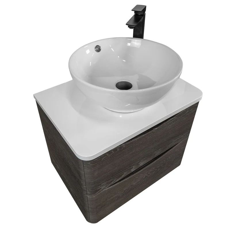 Baltimore 600mm Wall Hung Vanity Unit, Worktop, Basin & Black Tap - Graphite Oak