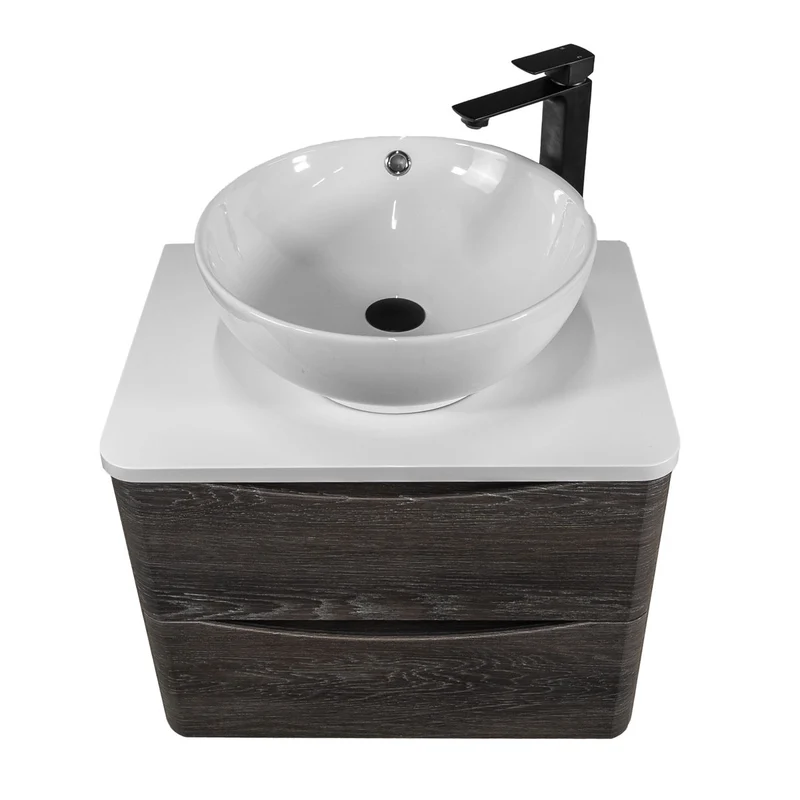 Baltimore 600mm Wall Hung Vanity Unit, Worktop, Basin & Black Tap - Graphite Oak