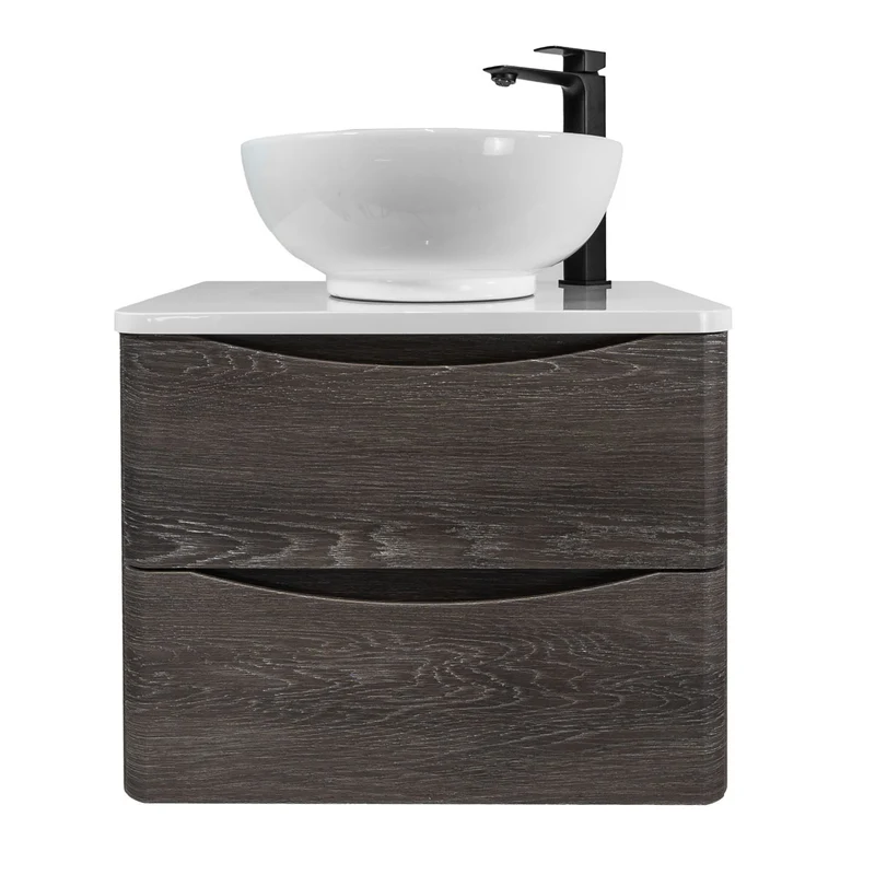 Baltimore 600mm Wall Hung Vanity Unit, Worktop, Basin & Black Tap - Graphite Oak