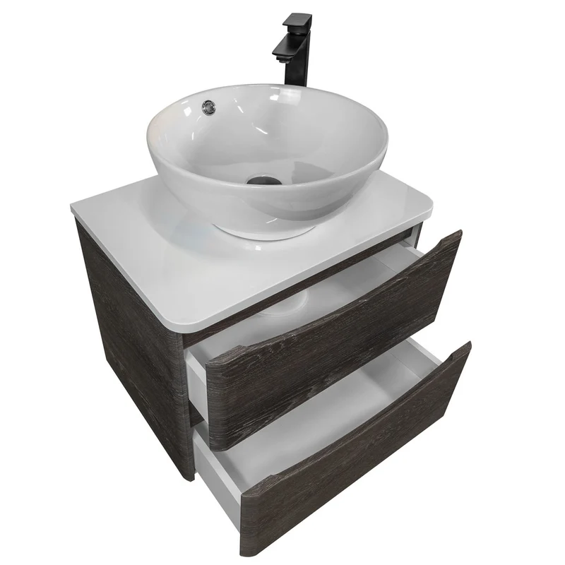 Baltimore 600mm Wall Hung Vanity Unit, Worktop, Basin & Black Tap - Graphite Oak