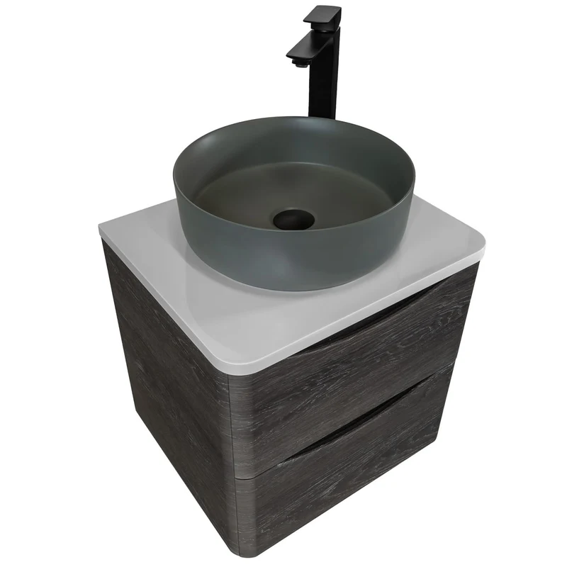 Baltimore 600mm Wall Hung Vanity Unit, Worktop, Grey Basin & Black Tap - Graphite Oak