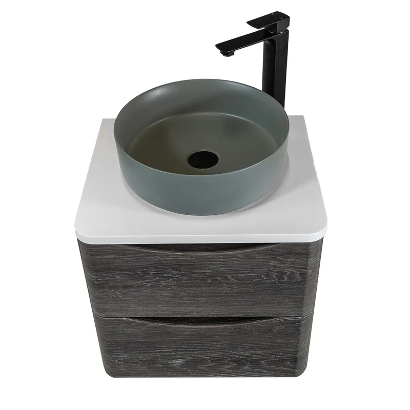 Baltimore 600mm Wall Hung Vanity Unit, Worktop, Grey Basin & Black Tap - Graphite Oak