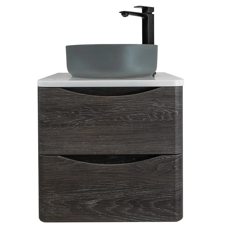 Baltimore 600mm Wall Hung Vanity Unit, Worktop, Grey Basin & Black Tap - Graphite Oak