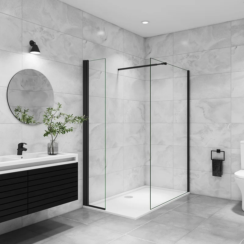 AICA paroi de douche à l'italienne 50-160x200cm avec une barre de fixation, paroi de douche pivotante 45x200cm, profil noir, verre 8mm anticalcaire