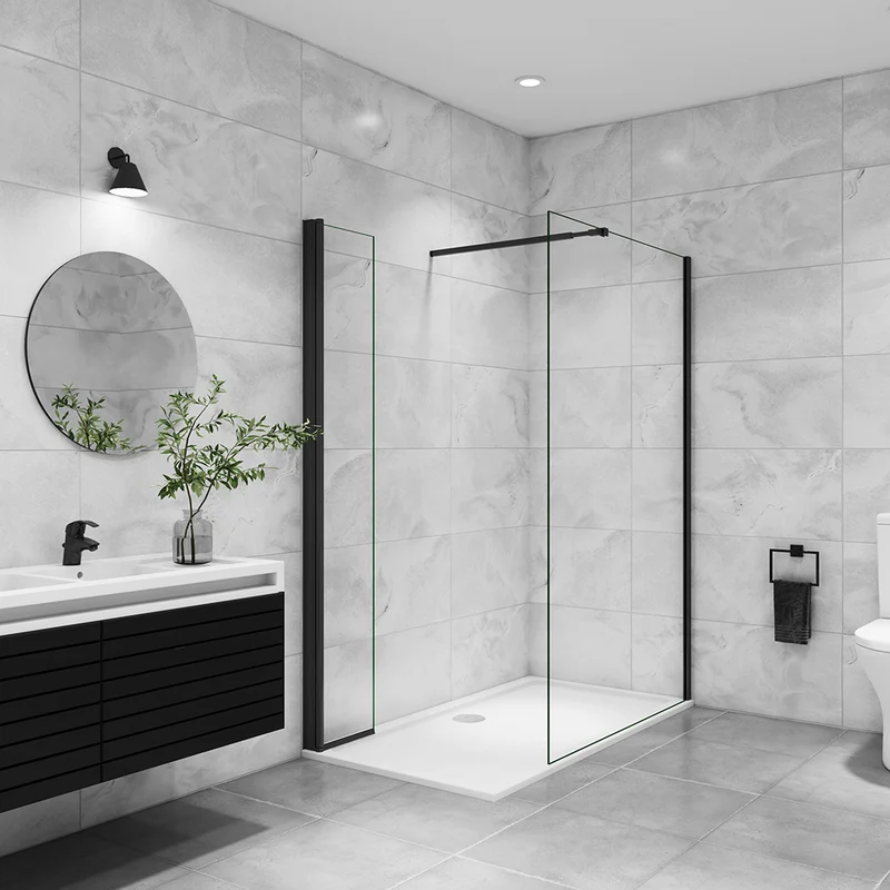 AICA paroi de douche à l'italienne 50-160x200cm avec une barre de fixation, paroi de douche pivotante 45x200cm, profil noir, verre 8mm anticalcaire