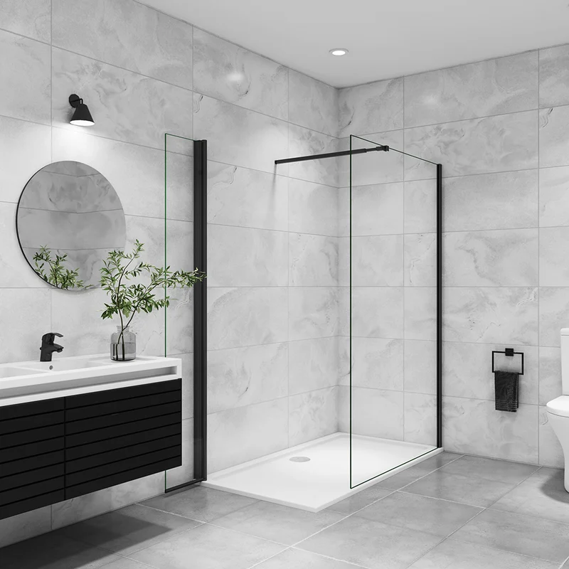 AICA paroi de douche à l'italienne 50-160x200cm avec une barre de fixation, paroi de douche pivotante 45x200cm, profil noir, verre 8mm anticalcaire