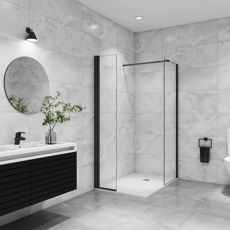 AICA paroi de douche à l'italienne 50-160x200cm avec une barre de fixation, paroi de douche pivotante 45x200cm, profil noir, verre 8mm anticalcaire