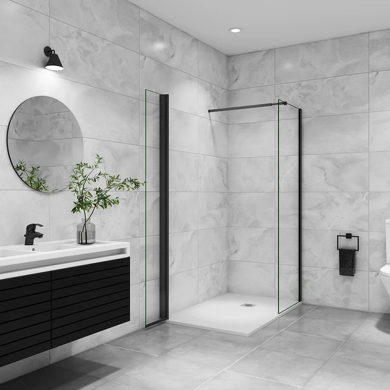 AICA paroi de douche à l'italienne 50-160x200cm avec une barre de fixation, paroi de douche pivotante 45x200cm, profil noir, verre 8mm anticalcaire