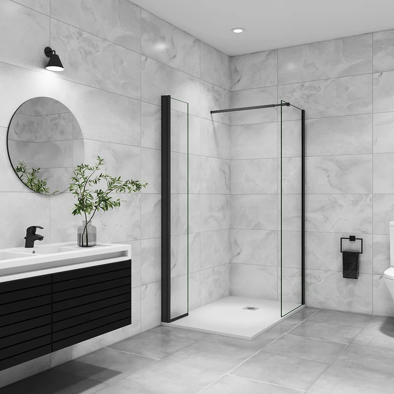 AICA paroi de douche à l'italienne 50-160x200cm avec une barre de fixation, paroi de douche pivotante 45x200cm, profil noir, verre 8mm anticalcaire