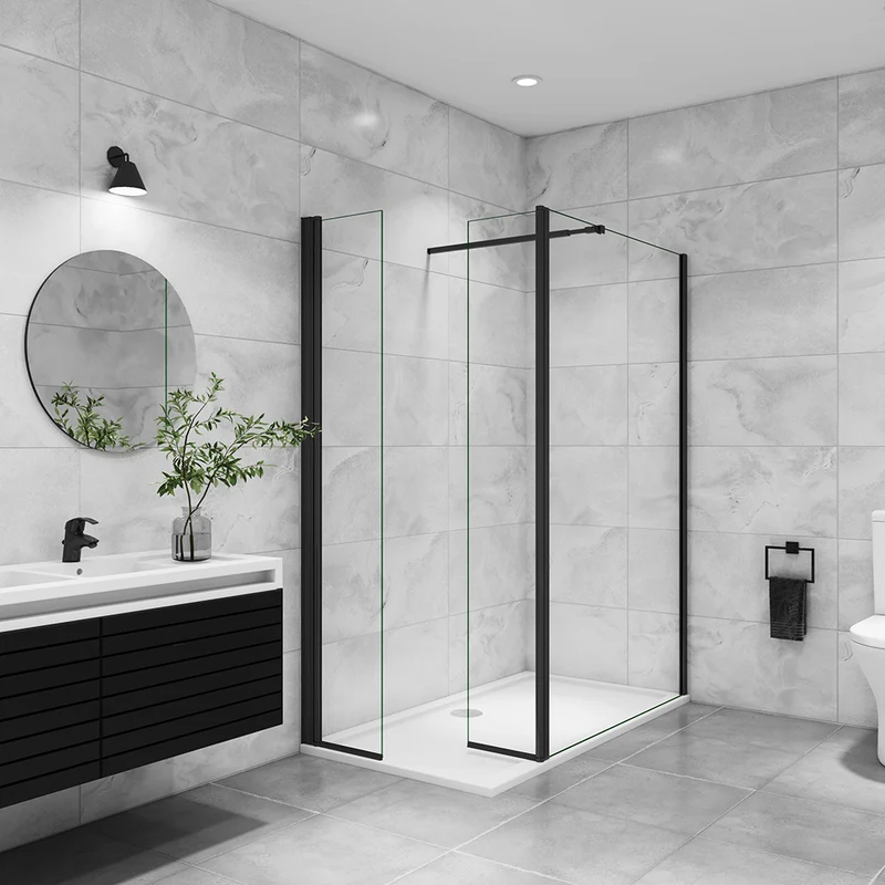 AICA paroi de douche avec retour pivotant 50-160 +40x200cm avec une barre extensible, paroi de douche pivotante 45x200cm, profil en Noir mat, verre 8mm securit anticalcaire