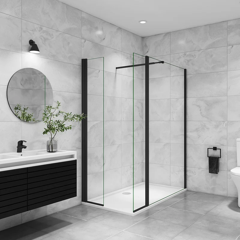 AICA paroi de douche avec retour pivotant 50-160 +40x200cm avec une barre extensible, paroi de douche pivotante 45x200cm, profil en Noir mat, verre 8mm securit anticalcaire