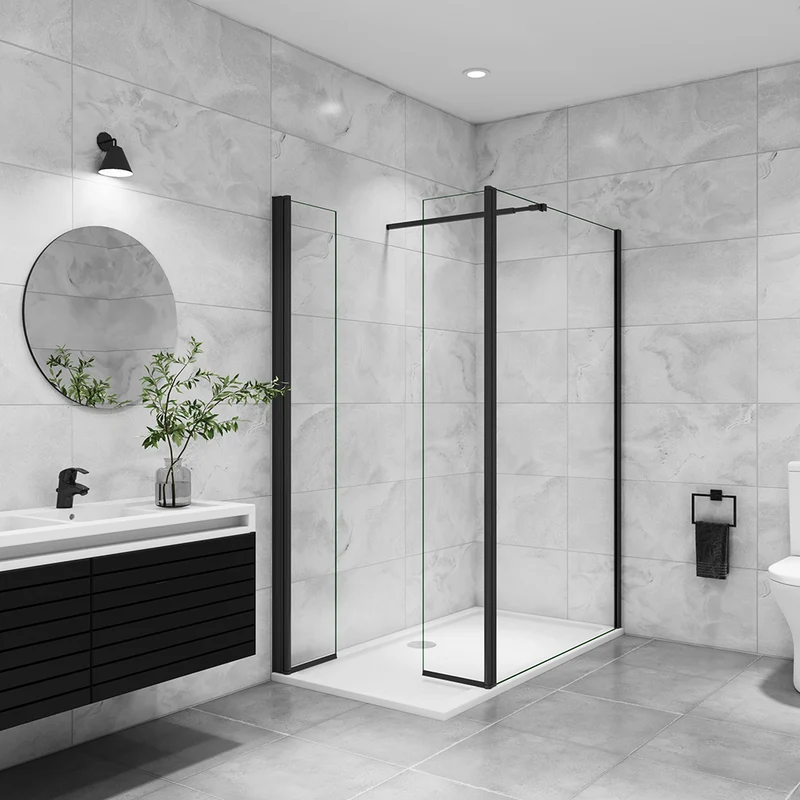 AICA paroi de douche avec retour pivotant 50-160 +40x200cm avec une barre extensible, paroi de douche pivotante 45x200cm, profil en Noir mat, verre 8mm securit anticalcaire