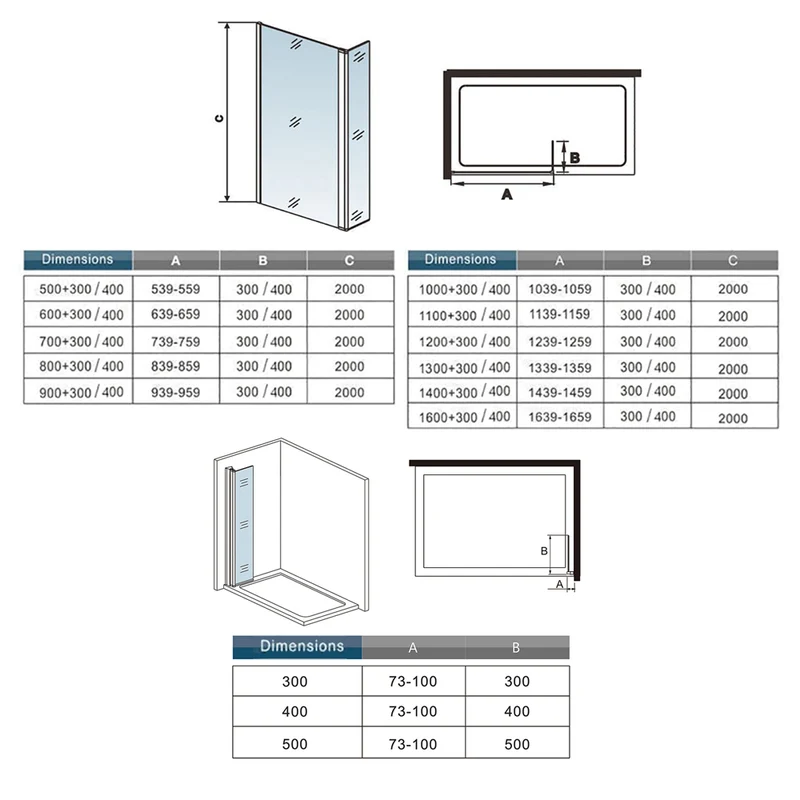 AICA paroi de douche avec retour pivotant 50-160 +40x200cm avec une barre extensible, paroi de douche pivotante 45x200cm, profil en Noir mat, verre 8mm securit anticalcaire