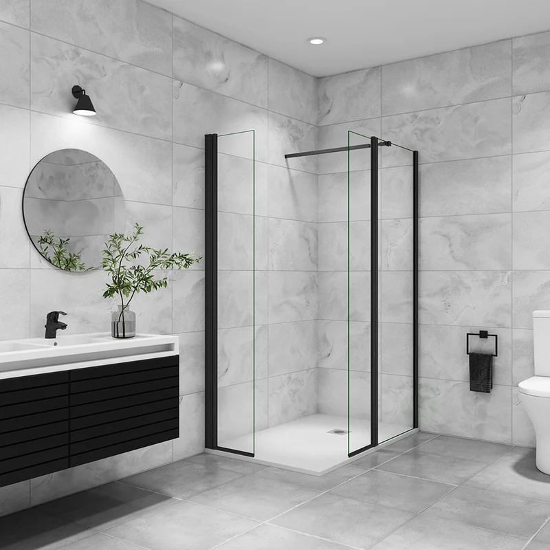 AICA paroi de douche avec retour pivotant 50-160 +40x200cm avec une barre extensible, paroi de douche pivotante 45x200cm, profil en Noir mat, verre 8mm securit anticalcaire