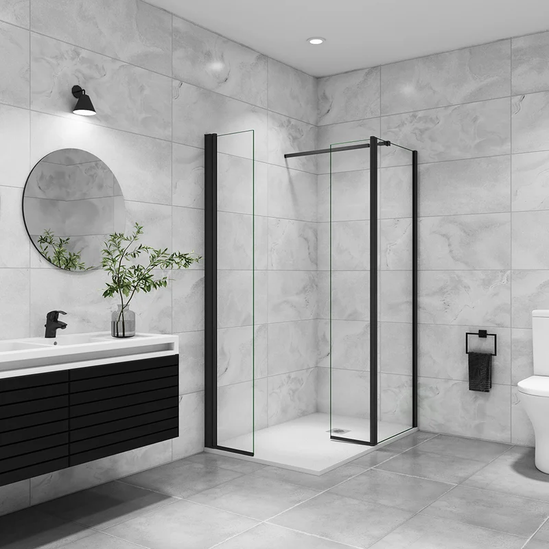 AICA paroi de douche avec retour pivotant 50-160 +40x200cm avec une barre extensible, paroi de douche pivotante 45x200cm, profil en Noir mat, verre 8mm securit anticalcaire