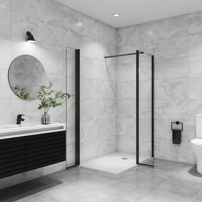 AICA paroi de douche avec retour pivotant 50-160 +40x200cm avec une barre extensible, paroi de douche pivotante 45x200cm, profil en Noir mat, verre 8mm securit anticalcaire