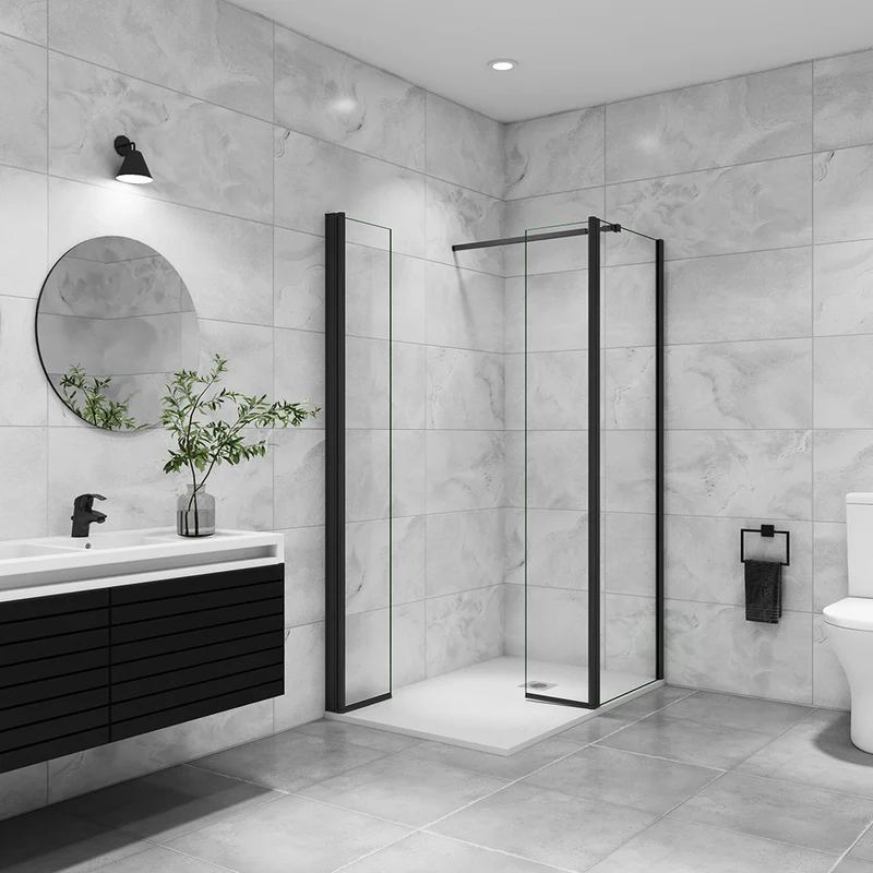AICA paroi de douche avec retour pivotant 50-160 +40x200cm avec une barre extensible, paroi de douche pivotante 45x200cm, profil en Noir mat, verre 8mm securit anticalcaire