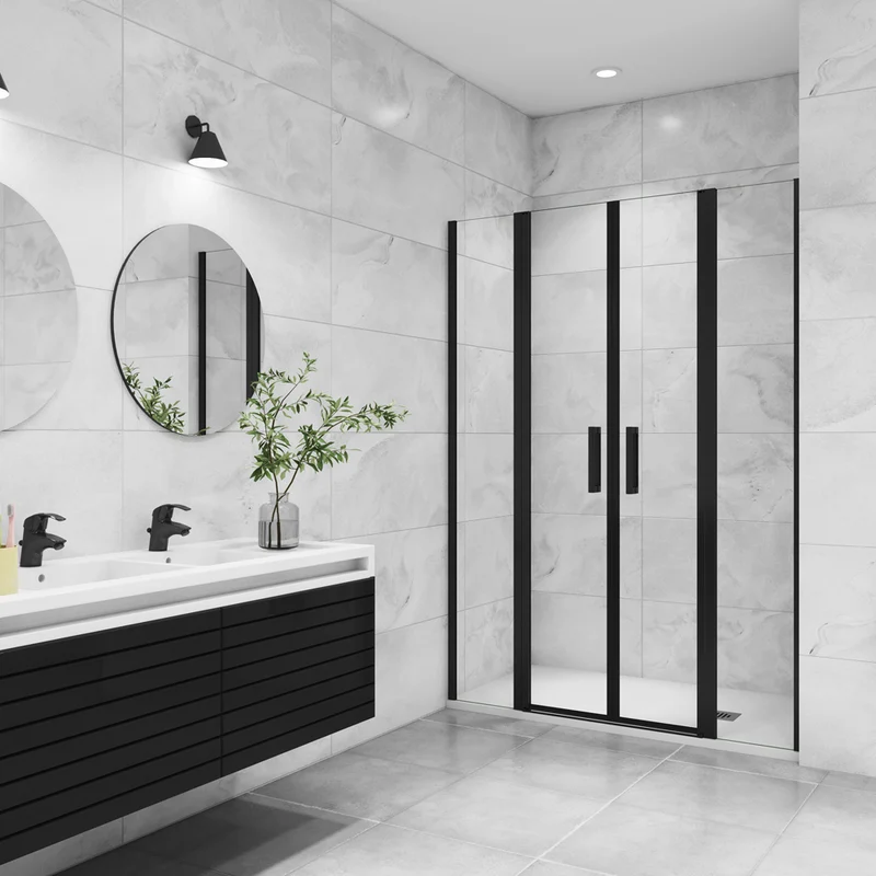 AICA porte de douche battante avec 2 éléments fixes Profilé noir mat Porte de douche Hauteur 200cm en verre anticalcaire