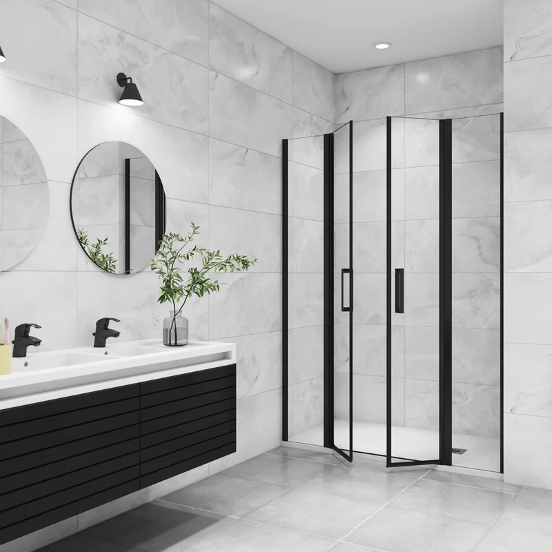 AICA porte de douche battante avec 2 éléments fixes Profilé noir mat Porte de douche Hauteur 200cm en verre anticalcaire