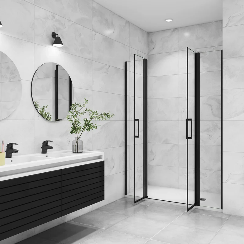 AICA porte de douche battante avec 2 éléments fixes Profilé noir mat Porte de douche Hauteur 200cm en verre anticalcaire