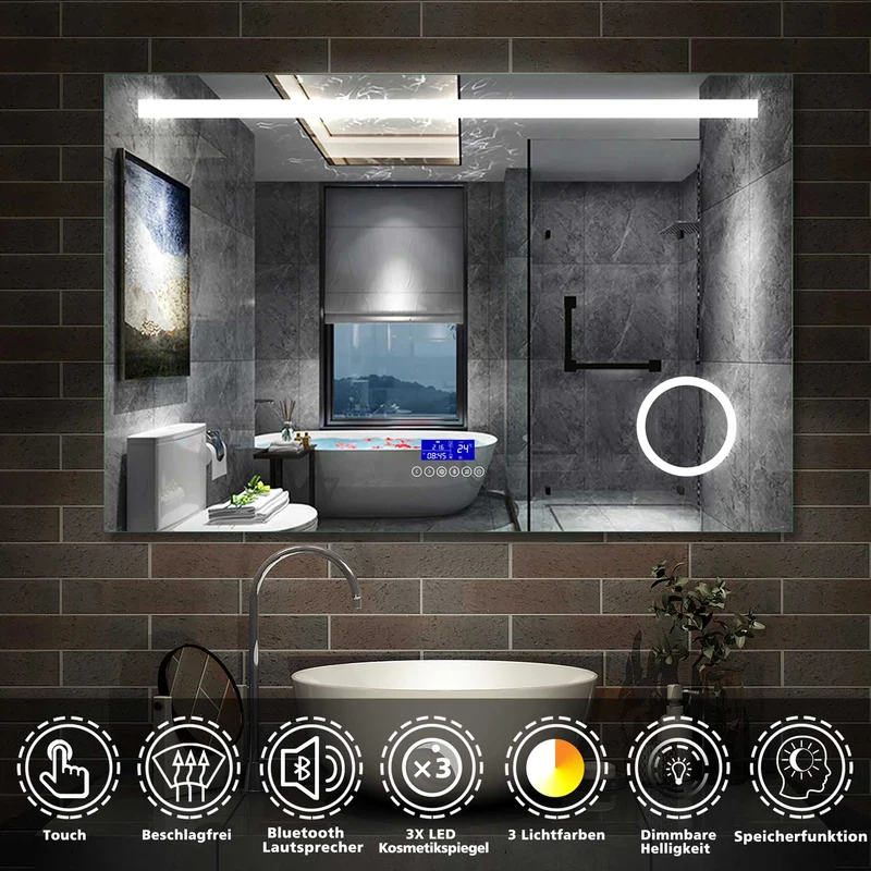 AICA Sanitaire avec Bluetooth+3couleurs LED réglables + anti-buée + Miroir grossissant x 3+Date+Température