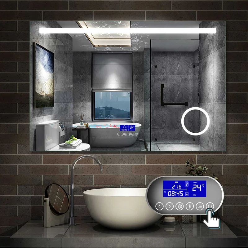 AICA Sanitaire avec Bluetooth+3couleurs LED réglables + anti-buée + Miroir grossissant x 3+Date+Température