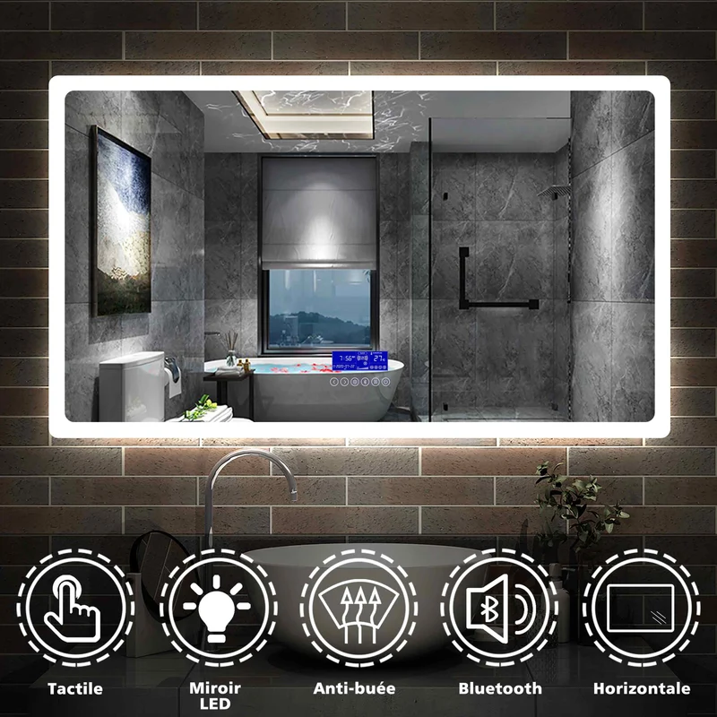 Aica Miroir salle de bain LED avec anti-buée, miroir de luminosité réglable (Horloge+Bluetooth+Date+Température)