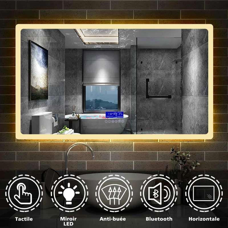 Aica Miroir salle de bain LED avec anti-buée, miroir de luminosité réglable (Horloge+Bluetooth+Date+Température)