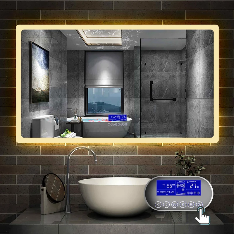 Aica Miroir salle de bain LED avec anti-buée, miroir de luminosité réglable (Horloge+Bluetooth+Date+Température)