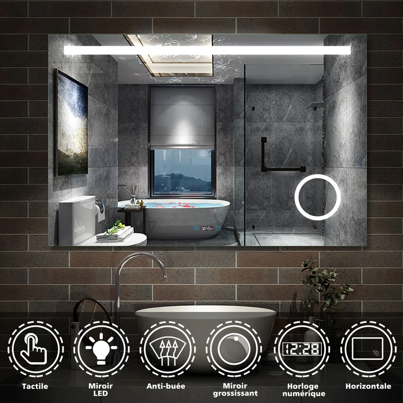 Aica miroir salle de bain LED avec anti-buée, miroir de luminosité réglable (Horloge +Miroir grossissant ×3 )