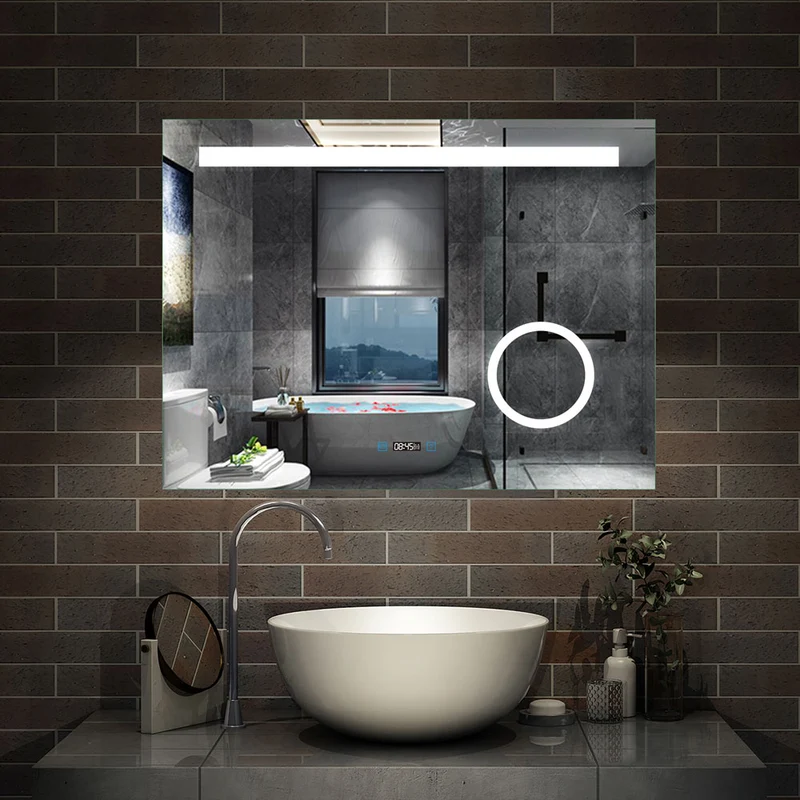 Aica miroir salle de bain LED avec anti-buée, miroir de luminosité réglable (Horloge +Miroir grossissant ×3 )