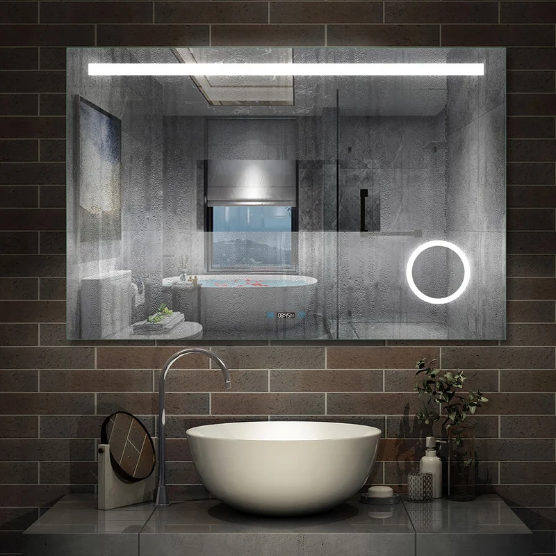 Aica miroir salle de bain LED avec anti-buée, miroir de luminosité réglable (Horloge +Miroir grossissant ×3 )