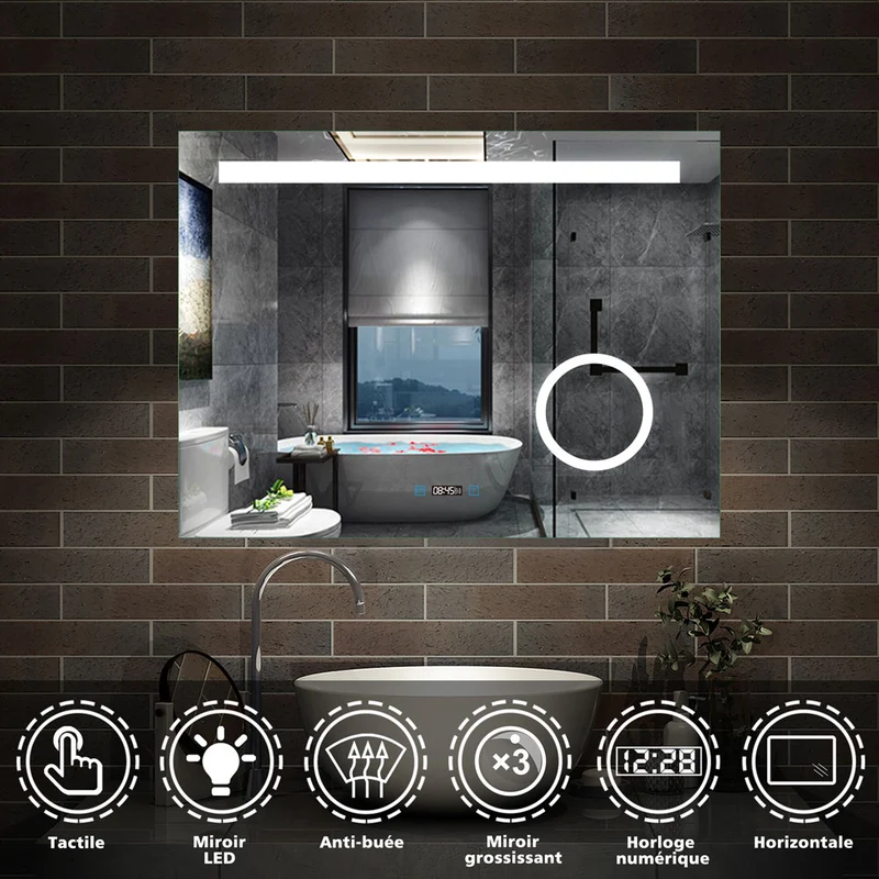 Aica miroir salle de bain LED avec anti-buée, miroir de luminosité réglable (Horloge +Miroir grossissant ×3 )