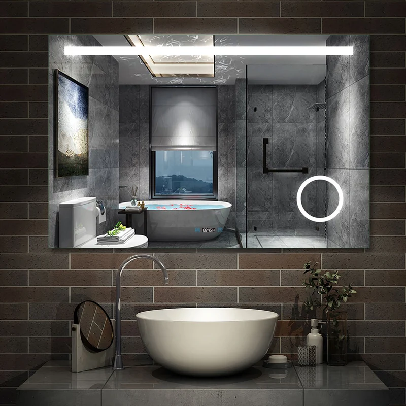 Aica miroir salle de bain LED avec anti-buée, miroir de luminosité réglable (Horloge +Miroir grossissant ×3 )