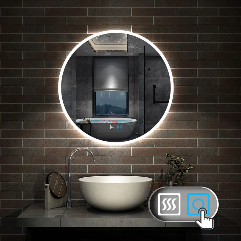 3 couleurs Miroir rond de Salle de Bain avec Anti-buée, LED avec lumière et luminosité réglables double interrupteur tactile