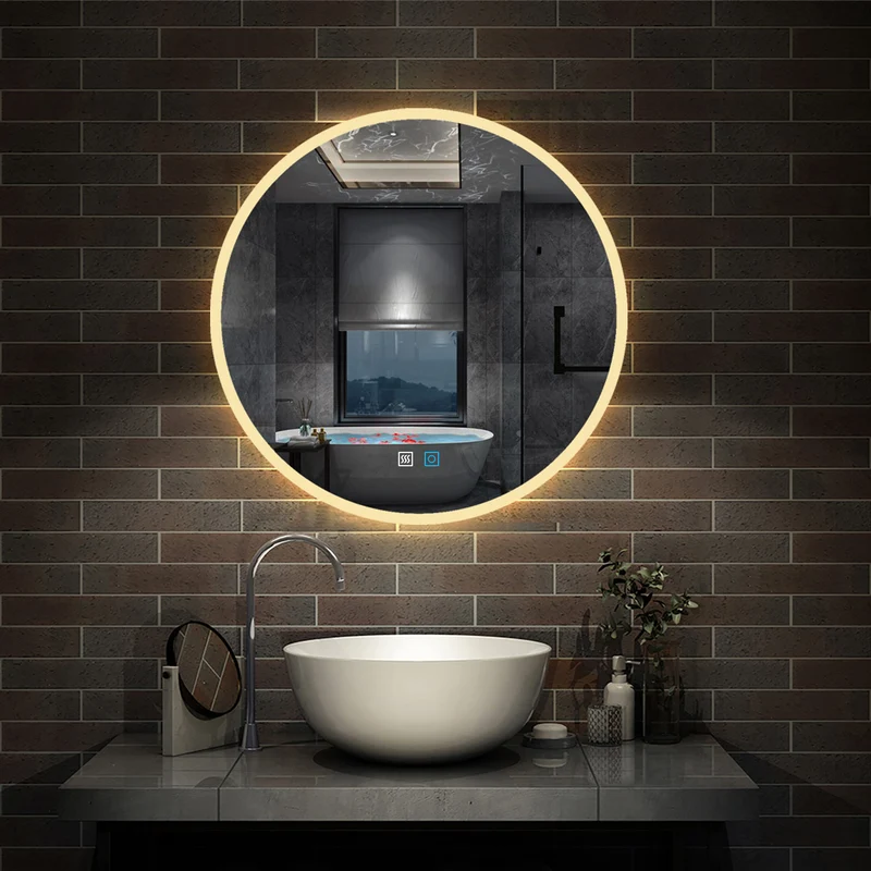 3 couleurs Miroir rond de Salle de Bain avec Anti-buée, LED avec lumière et luminosité réglables double interrupteur tactile